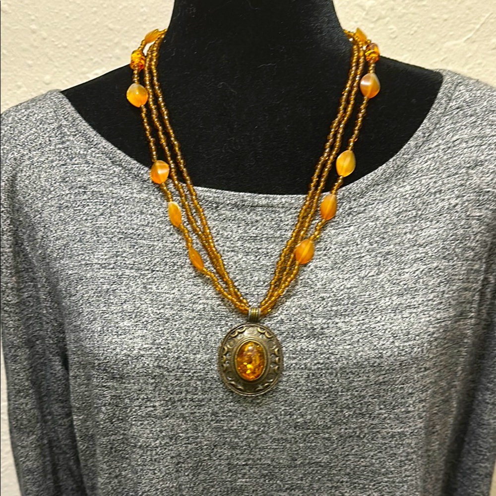 Vibrant Orange/Amber Multi-Strand Necklace with Pendant